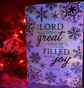 Ps 126:3 Christmas card and nativity ornament with red lights